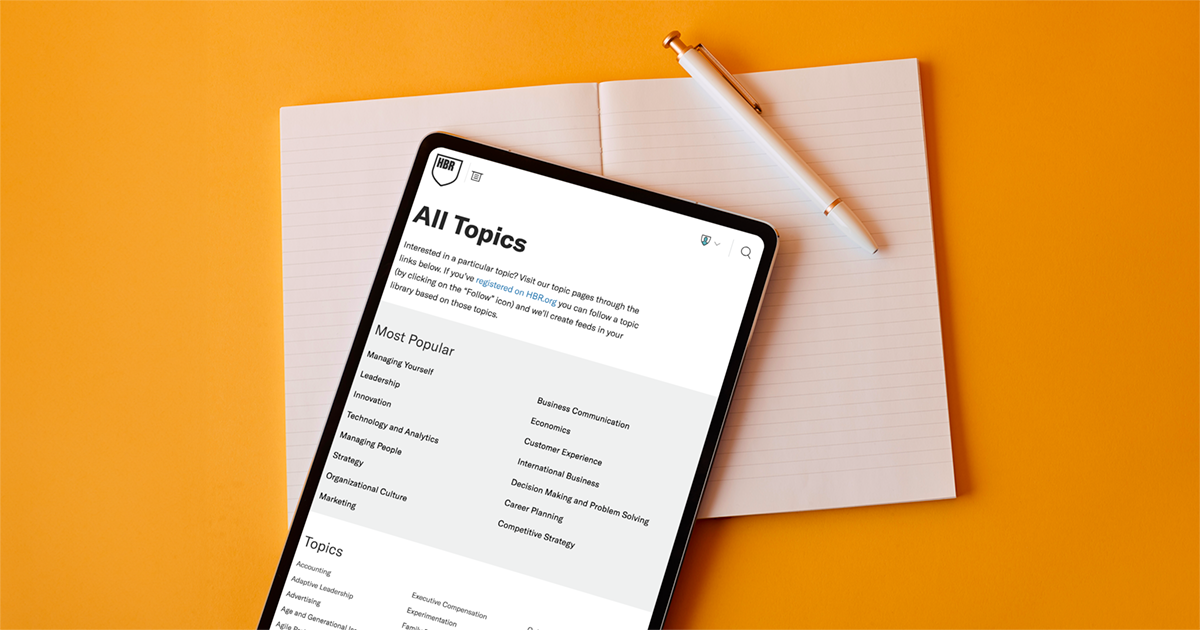 A tablet displaying the HBR topics webpage.