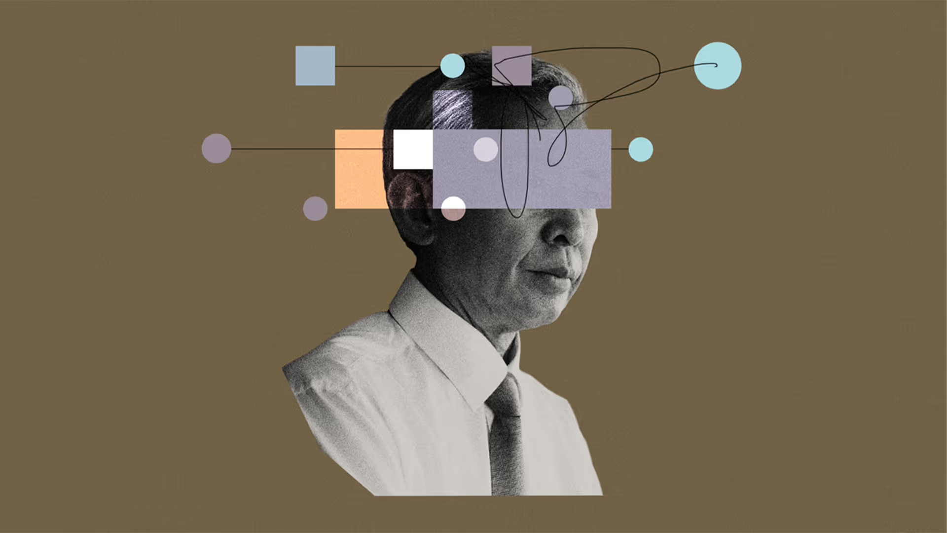 Collage-style illustration of a person in a dress shirt and tie, overlaid with abstract shapes and connecting lines against a muted background.