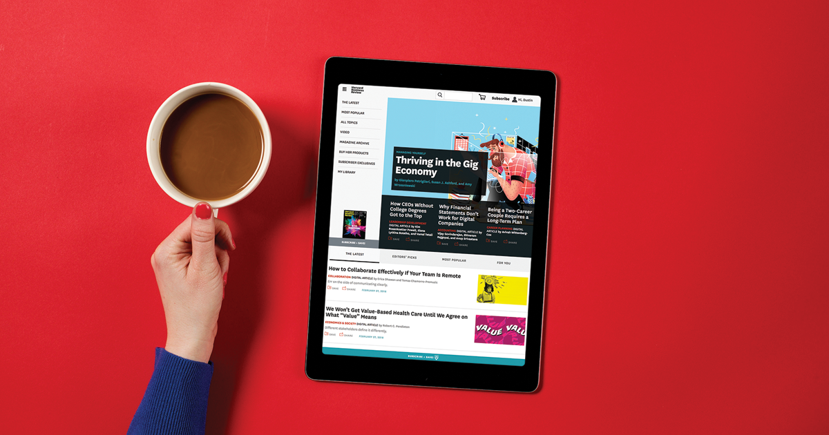 A tablet displaying the HBR home page.