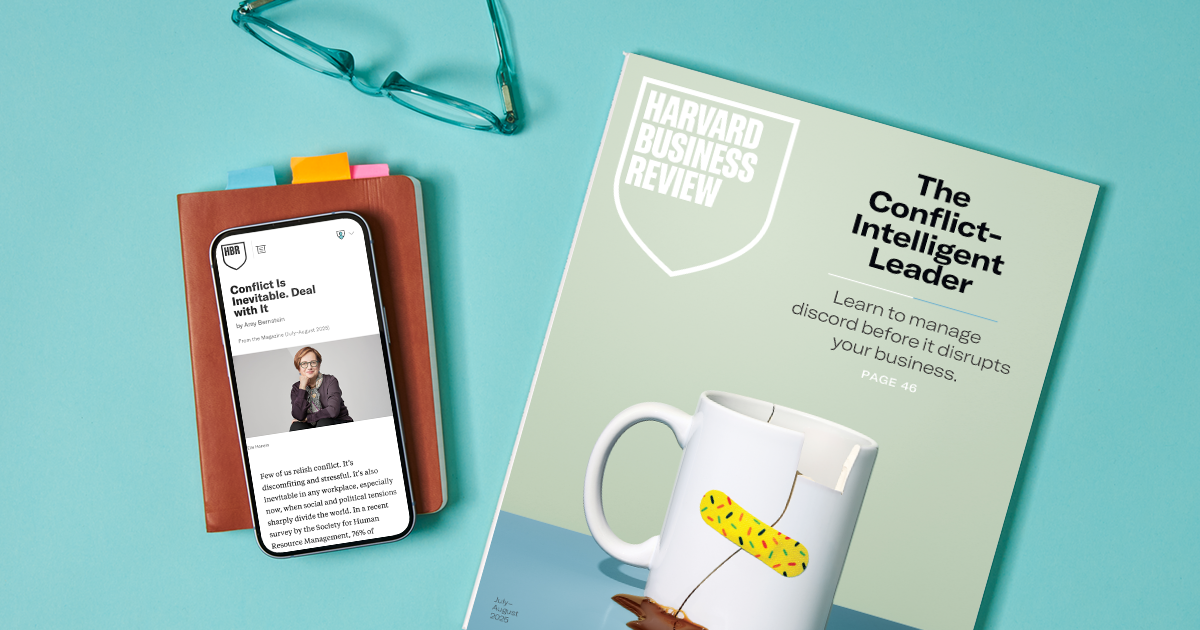 A flat-lay promotional image shows a Harvard Business Review magazine titled “The Conflict-Intelligent Leader” beside a smartphone displaying an HBR article, with eyeglasses and a notebook on a turquoise background.