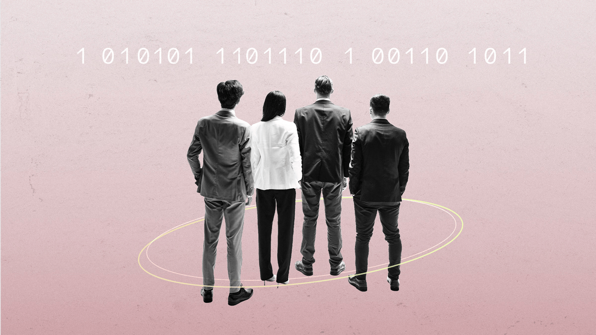 Four business professionals stand within a glowing circular outline beneath a string of binary code on a pink background.