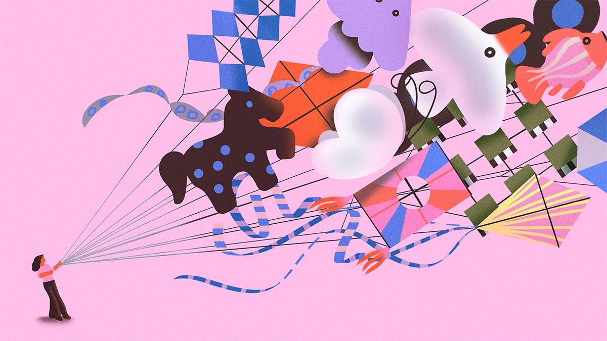 Abstract illustration of a person pulling colorful geometric shapes, ribbons, and symbols across a pink background.