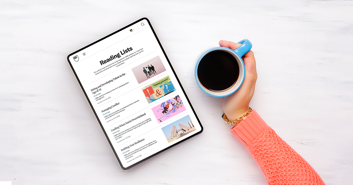 A tablet showing an editor-curated HBR Reading List on HBR.org.
