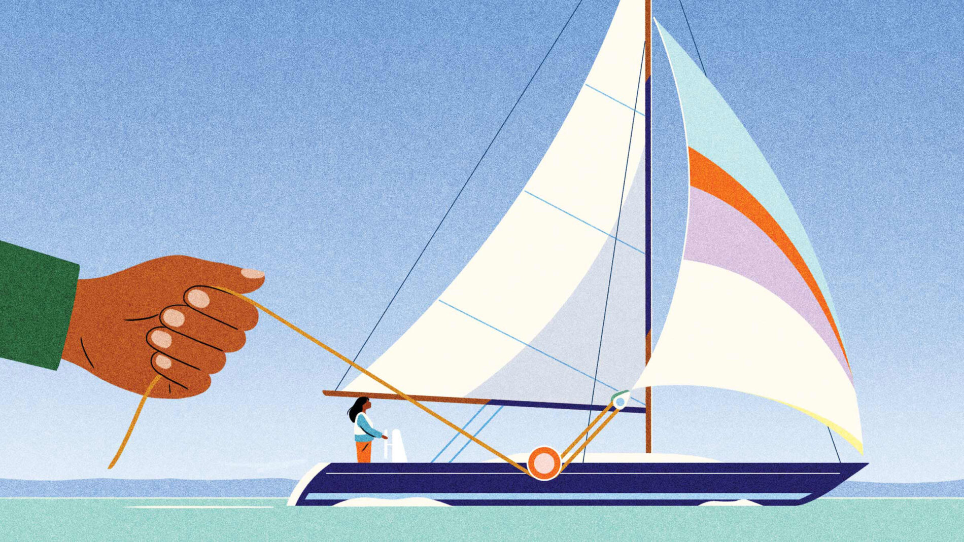 Illustration of a sailboat on the water with a large hand pulling a rope connected to the boat's sails.