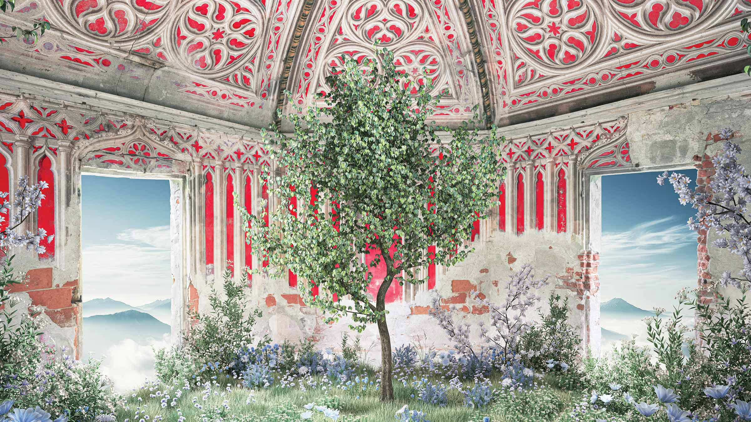 Tree growing inside an ornate, partially ruined room with red stained-glass windows, surrounded by flowers and plants.