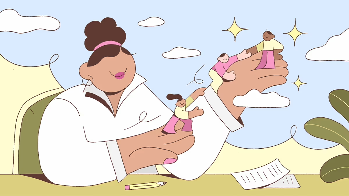 Illustration of a person seated at a desk holding three small figures climbing across their hands, with clouds, stars, papers, and a pencil in the background.