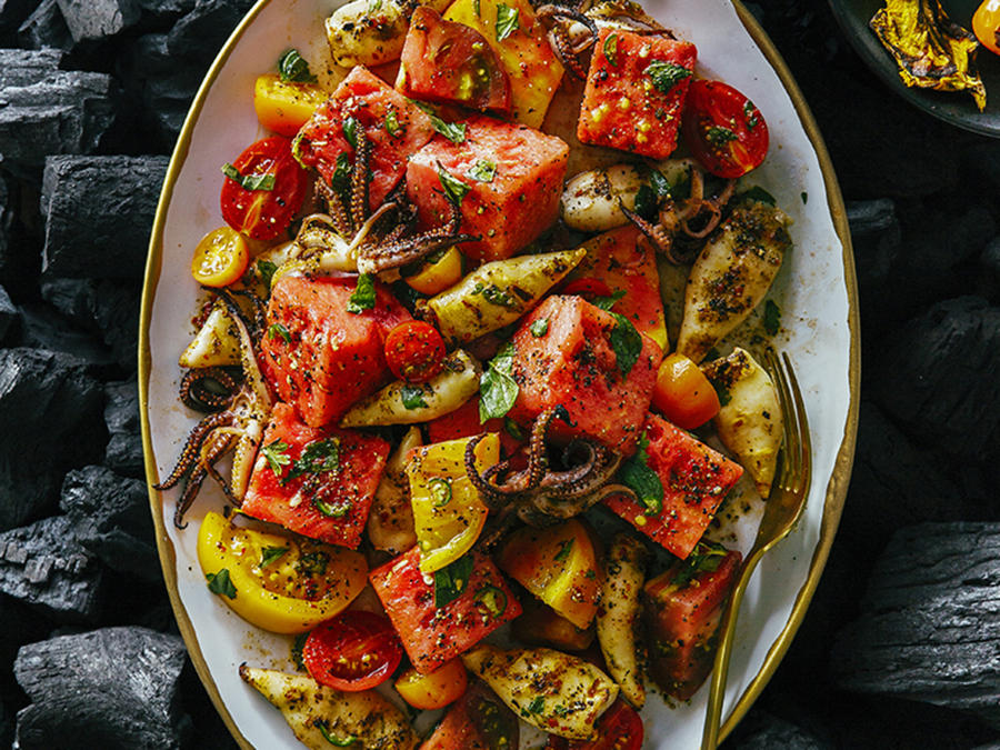 Grilled Calamari, Watermelon, and Tomato Salad