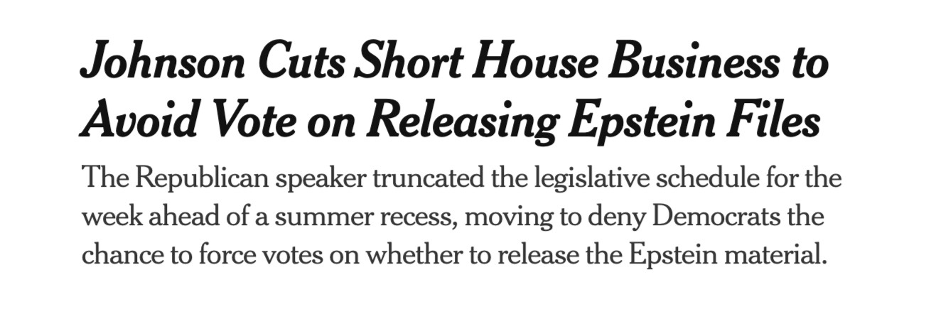 Johnson Cuts Short House Business to Avoid Vote on Releasing Epstein Files