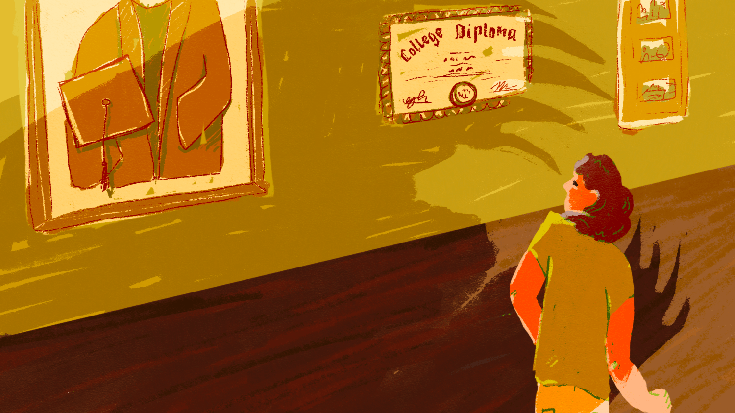 Drawing of figure passing by college diploma and regalia.