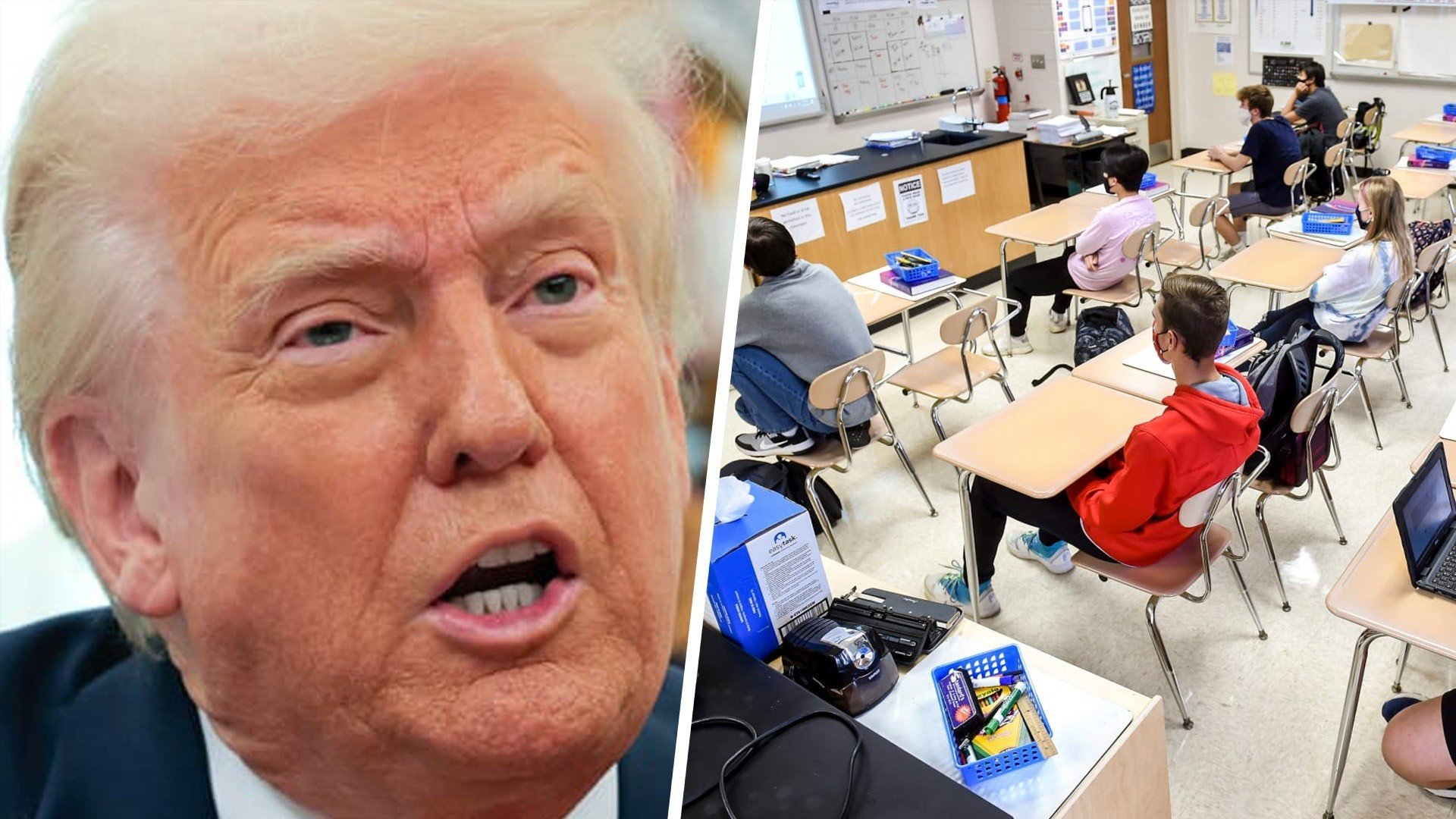 Trump and students in a classroom 