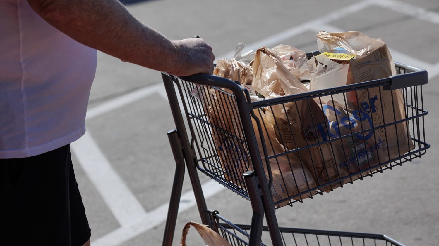 Man pushing cart of groceries 