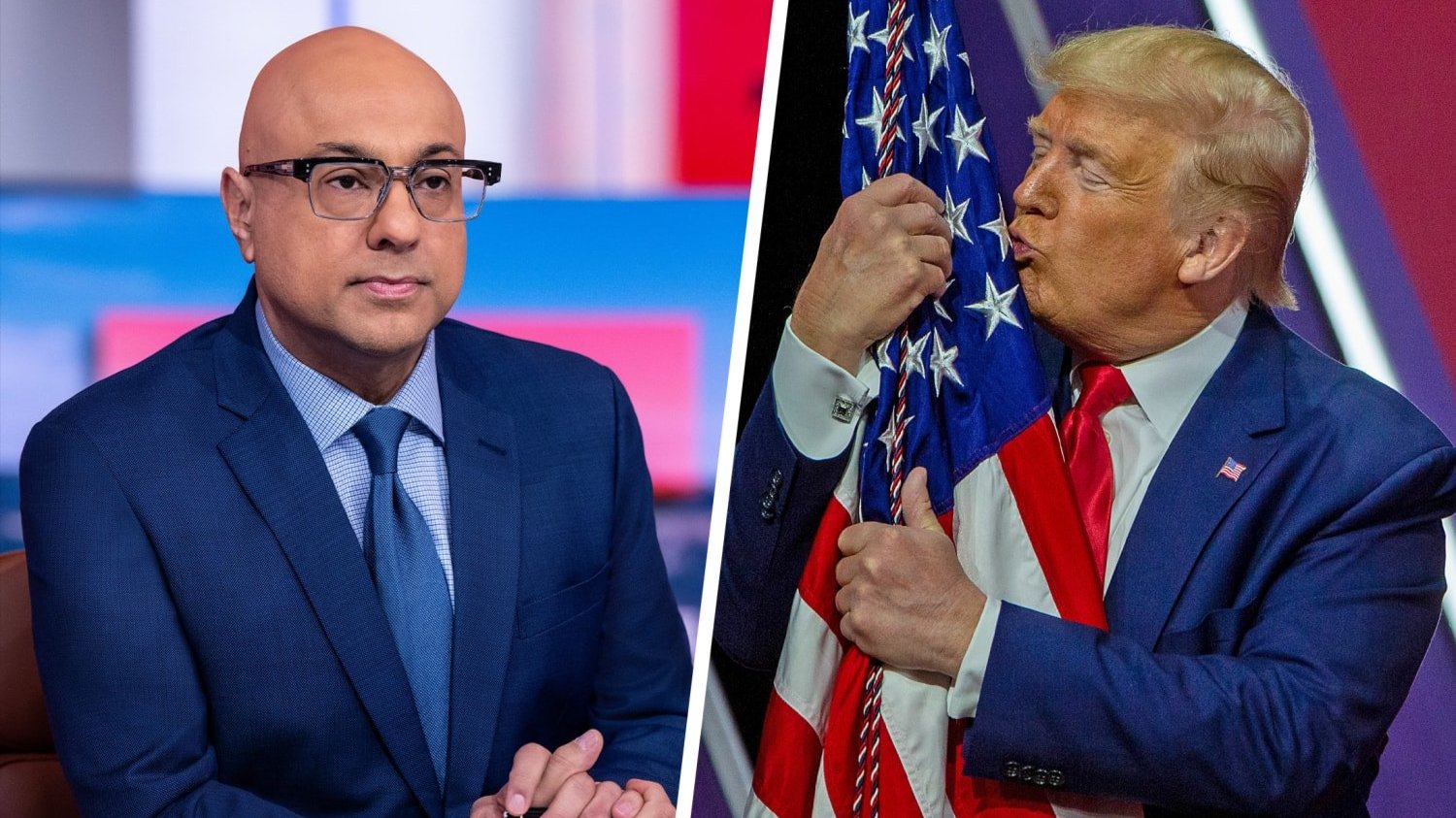 A photo composite of Velshi and Trump