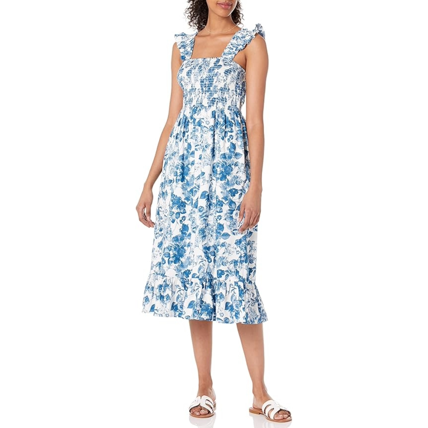 The Drop Kimi Ruffled-Shoulder Smocked Midi Dress