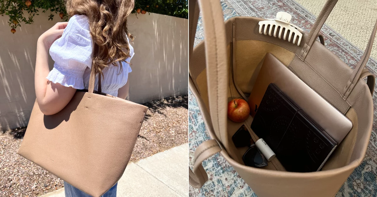 Side By Side Image of a Woman Wearing a Cuyana Tote and the Inside of the Bag