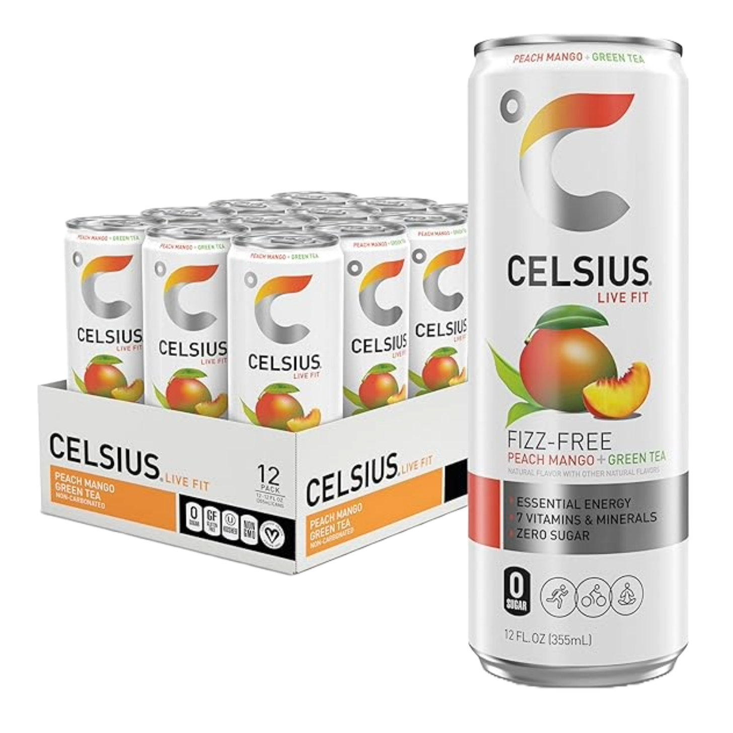 CELSIUS Peach Mango Green Tea, 12 Pack