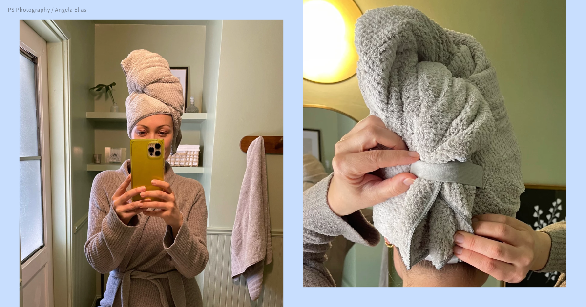 A Woman Wearing the Volo Hero Hair Towel