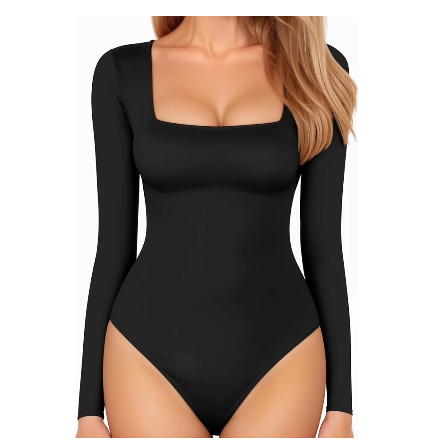 Mangopop Square-Neckline Long-Sleeved Bodysuit