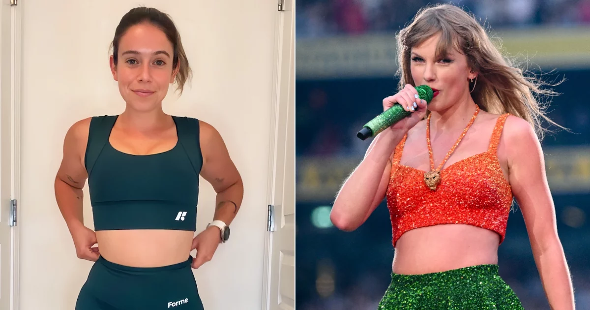 Side by Side of Editor Sarah Wasilak Wearing Forme Activewear and Taylor Swift