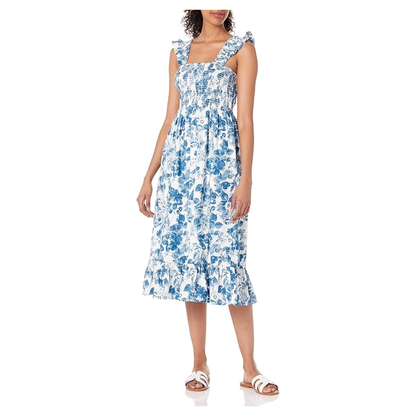 The Drop Kimi Ruffled Shoulder Smocked Midi Dress