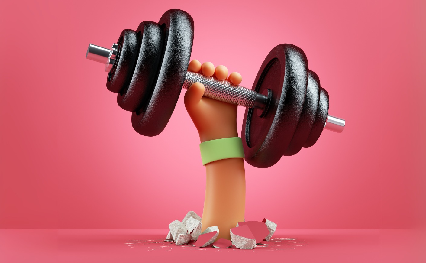Illustration of a cartoon hand breaking through the ground, holding up a barbell
