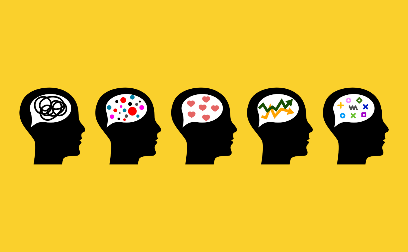 Illustration of five silhouettes of human heads, with different colors and shapes in the brain area