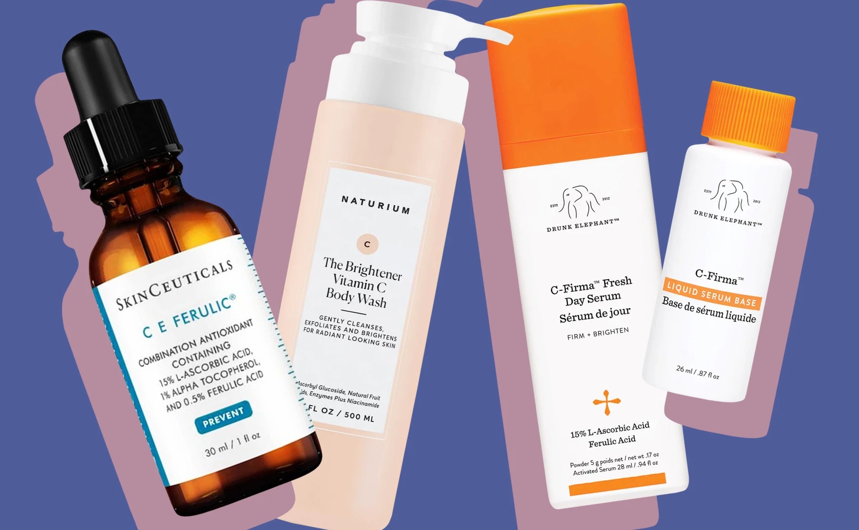 Skinceuticals Vitamin C serum, Naturium brightener, Drunk Elephant C-Firma serum and liquid serum on a blue background