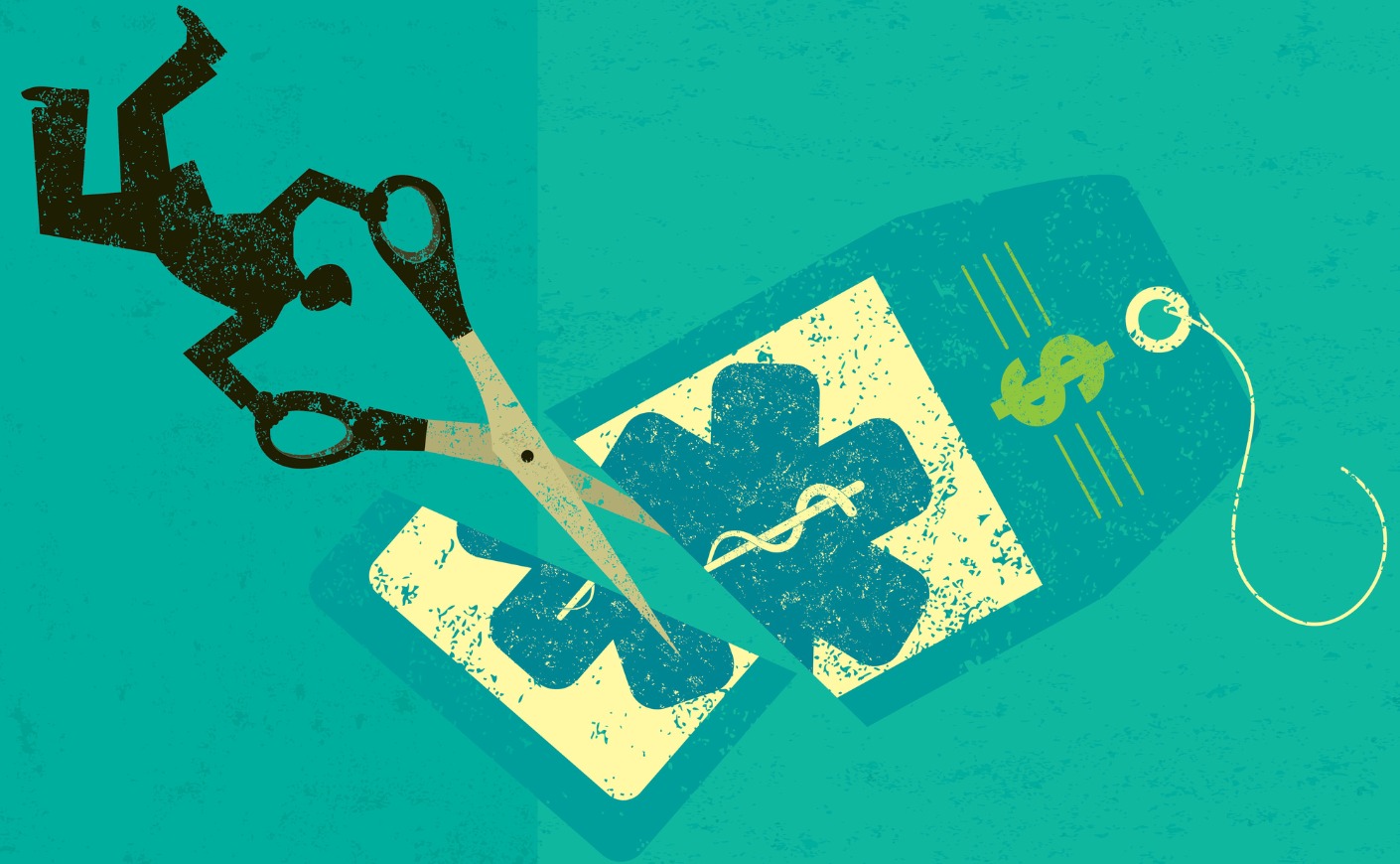 Illustration of a person holding giant scissors cutting a price tag with the healthcare symbol on it