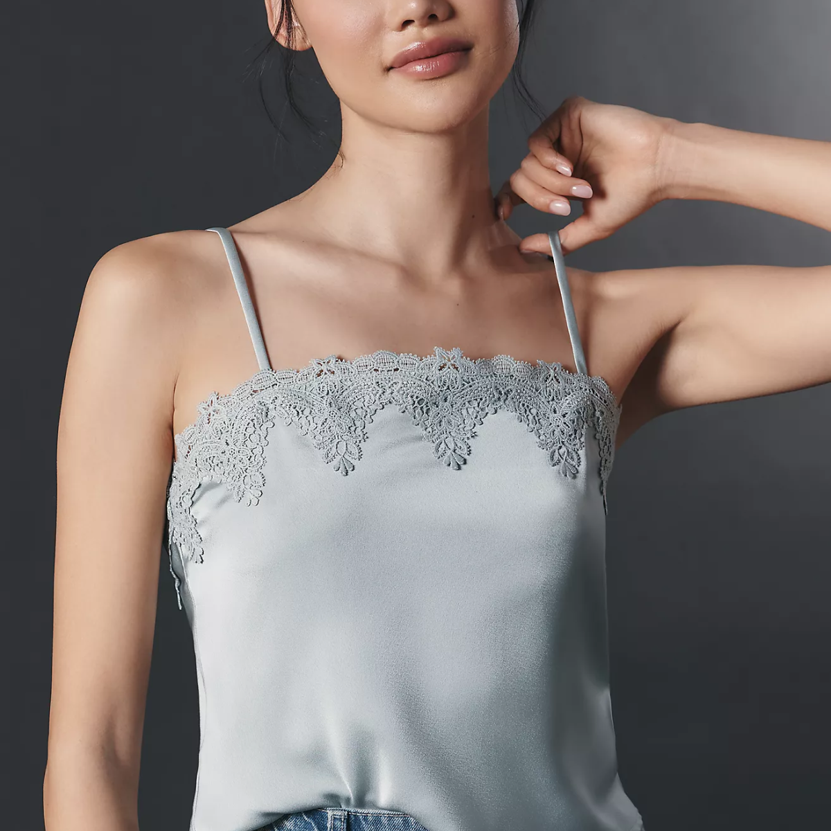 Blue Tassel Lace-Trim Straight-Neck Tank
