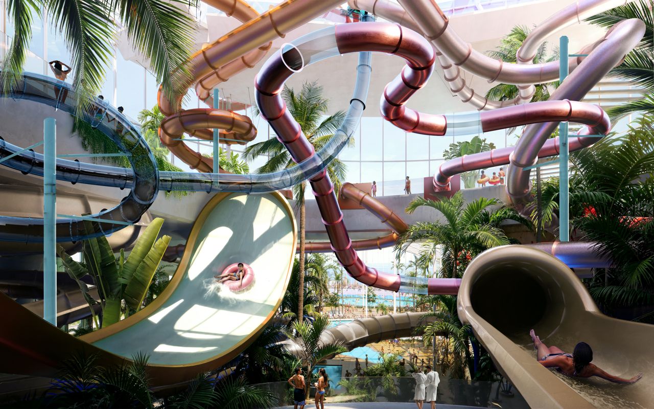 A rendering of the many slides at Therme's new spa at Ontario Place