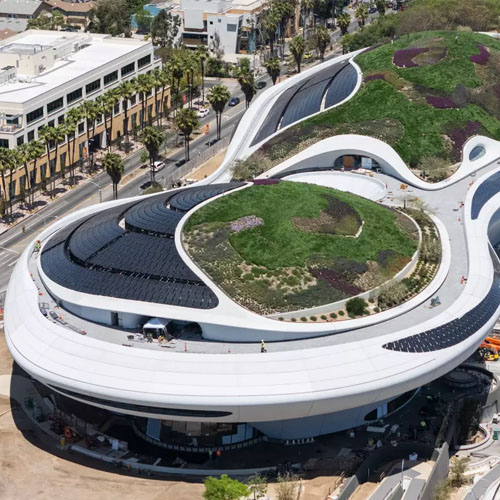 An aerial view of the spaceship-like Lucas Museum of Narrative Art under construction in Los Angeles. An aerial view of the spaceship-like Lucas Museum of Narrative Art under construction in Los Angeles.