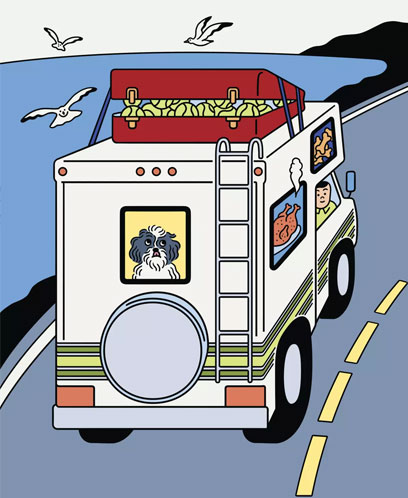 Illustration of an RV driving on a highway near the ocean, a small dog is looking out the rear window.