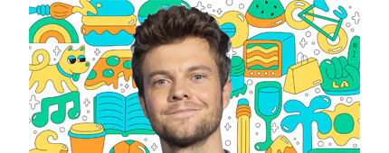 Photo of a person on a background of colorful illustrations like a book, dog, pizza, TV, shopping bag, and more