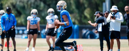 UCLA quarterback Nico Iamaleava looks to pass during UCLA practice on August 4.
