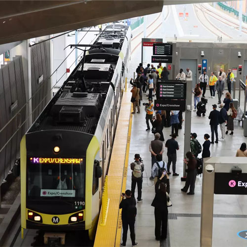 Officials arrive by train to attend the grand opening of the LAX/Metro Transit Center. Officials arrive by train to attend the grand opening of the LAX/Metro Transit Center.