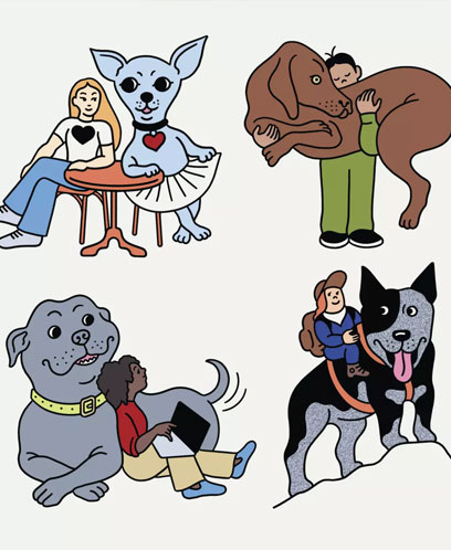 Cartoon illustrations of six pairs of dogs with people 