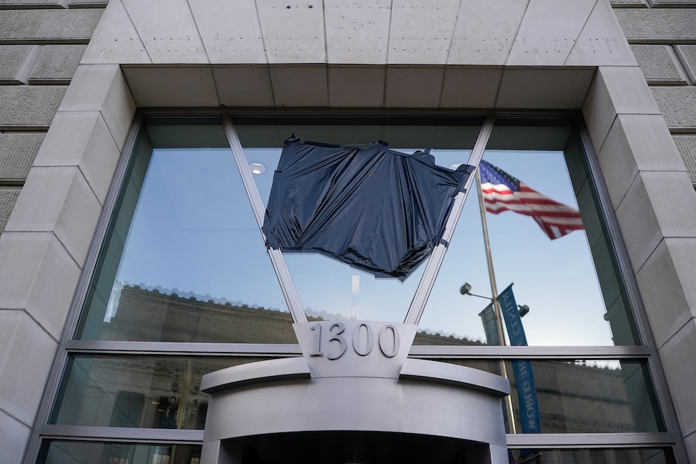 USAID signage is covered at the agency's headquarters, in Washington, DC, on February 7, 2025. (Nathan Howard/Reuters)