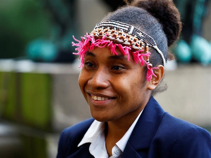 Cynthia Houniuhi, Solomon Islands youth climate activist, speaks during the United Nations' top court International Court of Justice (ICJ) public hearings, in The Hague, Netherlands, December 2, 2024.