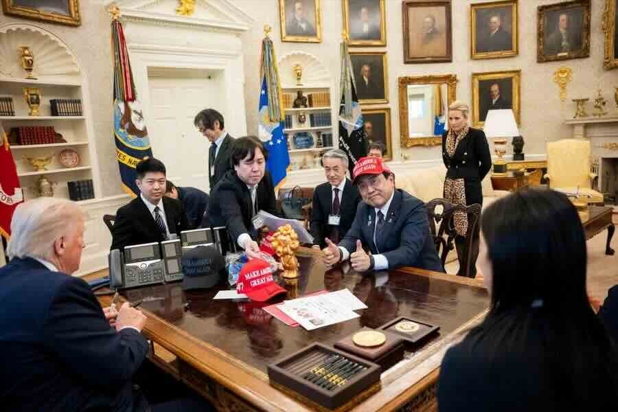 U.S President Donald Trump meets with Japan's Economic Revitalization Minister Ryosei Akazawa and his delegation in the Oval Office of the White House