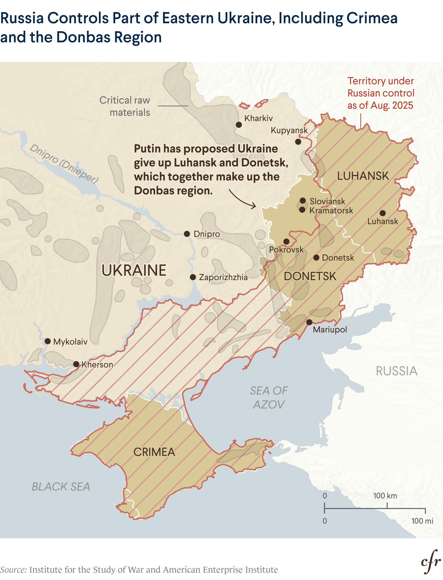 Map: A map of Ukraine showing Russia with control of part of the east of the country, including Crimea and much of the Donbas region.