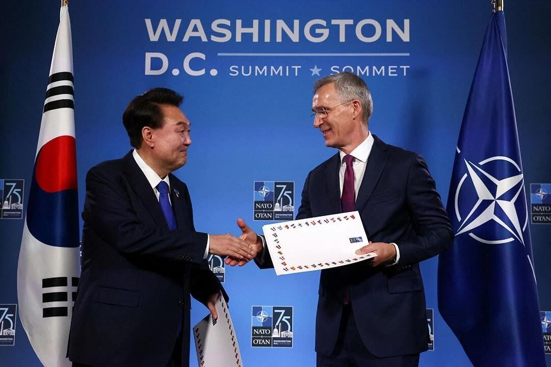 NATO Secretary-General Jens Stoltenberg and South Korean President Yoon Suk Yeol attend a bilateral meeting during NATO’s seventy-fifth anniversary summit in Washington, DC.
