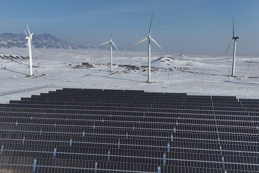 A drone view shows a solar power plant and wind turbines in Kazakhstan’s Almaty region. (Pavel Mikheyev/Reuters)