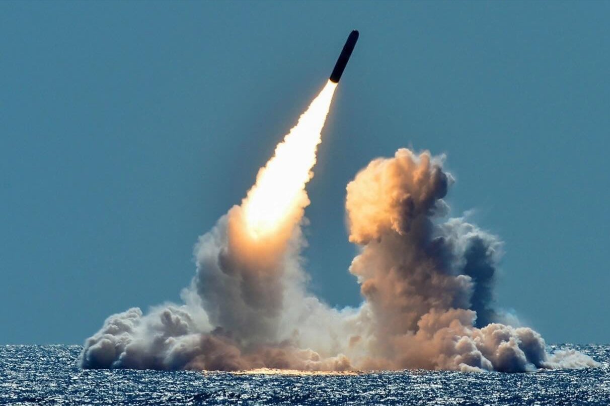 An unarmed Trident II D5 missile is test launched from the U.S.S. Nebraska, an Ohio-class U.S. Navy ballistic missile submarine, off the coast of California in March 2018.