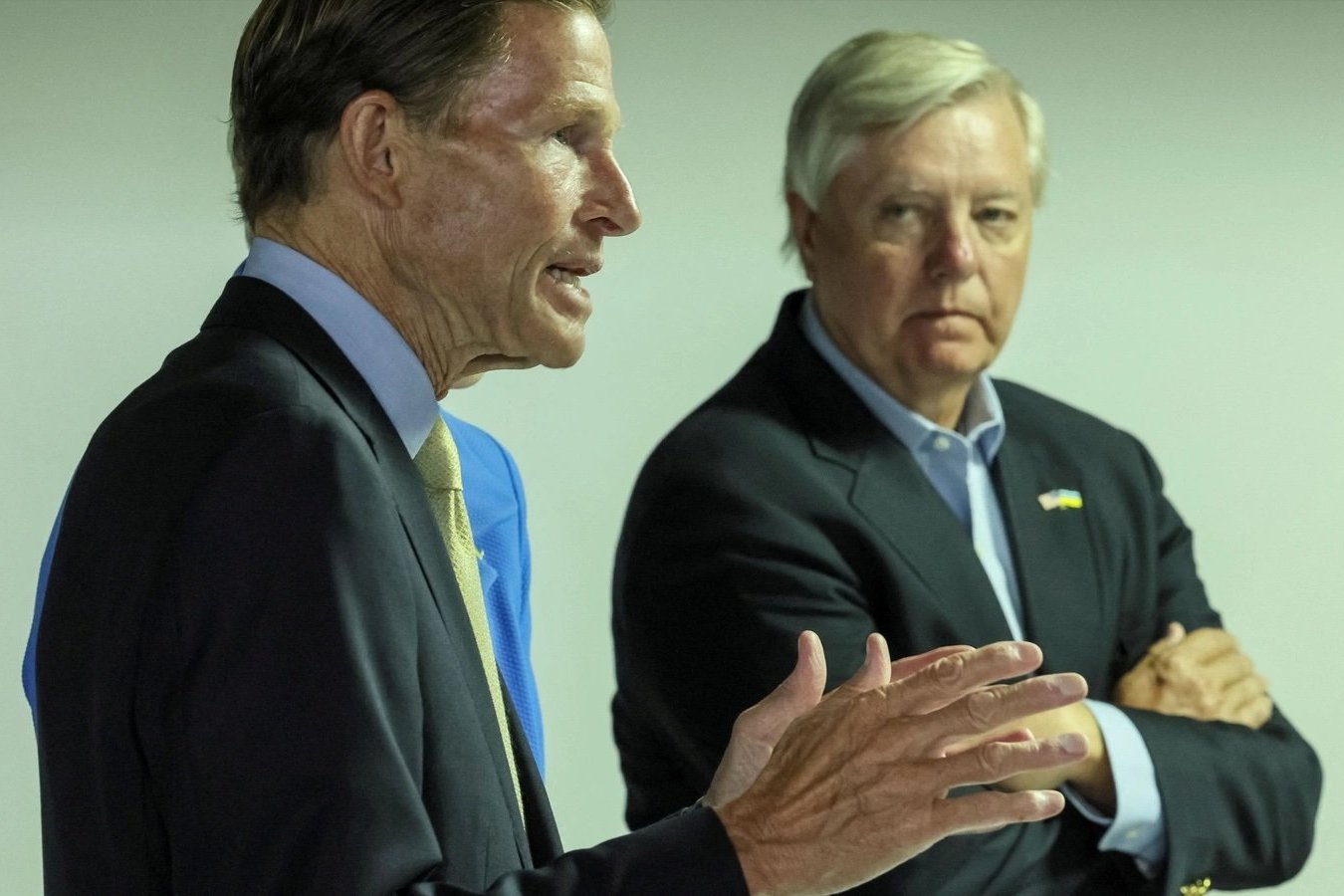 U.S. Senators Lindsey Graham (R-SC) and Richard Blumenthal (D-CT) attend a joint news briefing in Kyiv, Ukraine.