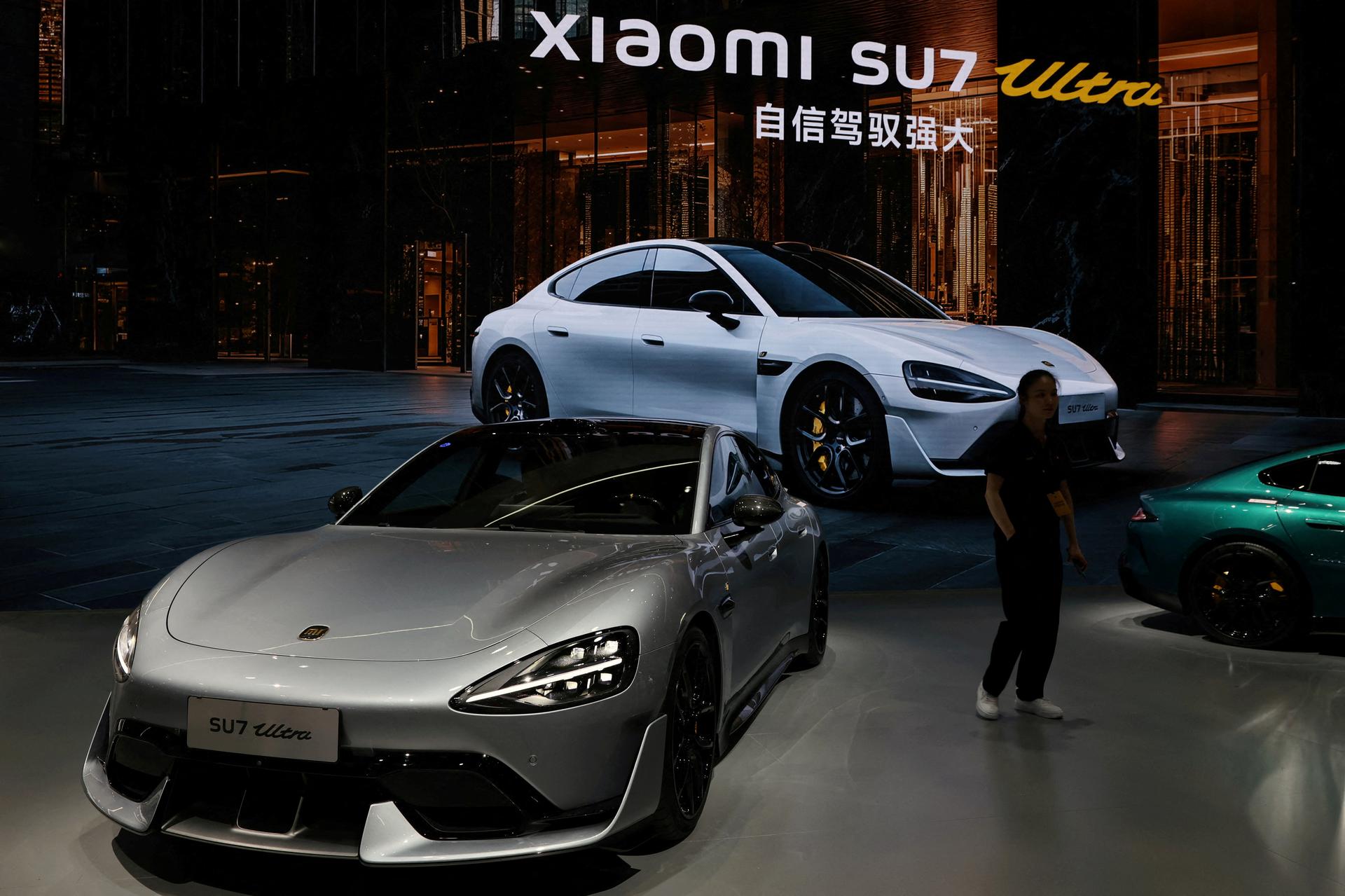 A Xiaomi SU7 Ultra electric vehicle (EV) is displayed during a media day for the Auto Shanghai show in Shanghai, China April 23, 2025.