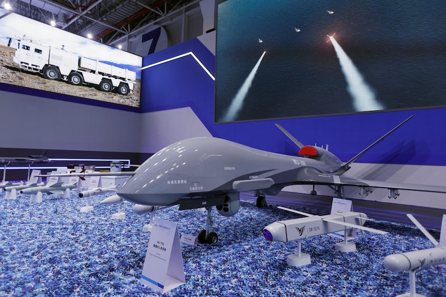 A model of the WJ-700 reconnaissance drone is displayed at the China, International Aviation and Aerospace Exhibition, or Airshow China, in Zhuhai, Guangdong province, China, November 14, 2024. (Tingshu Wang/Reuters)