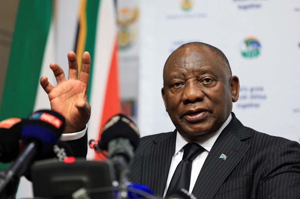 South African President Cyril Ramaphosa briefs the media on South Africa's G20 presidency for 2025 at the parliament in Cape Town, South Africa on December 3, 2024. (Esa Alexander/Reuters)