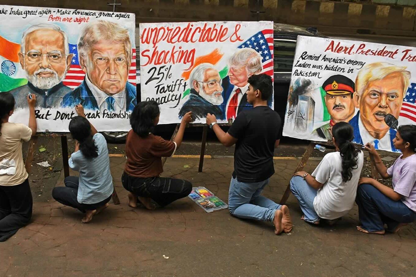 Students at the Gurukul School of Art protest the U.S.-India relationship in light of new U.S.-imposed tariffs, in Mumbai, India. 