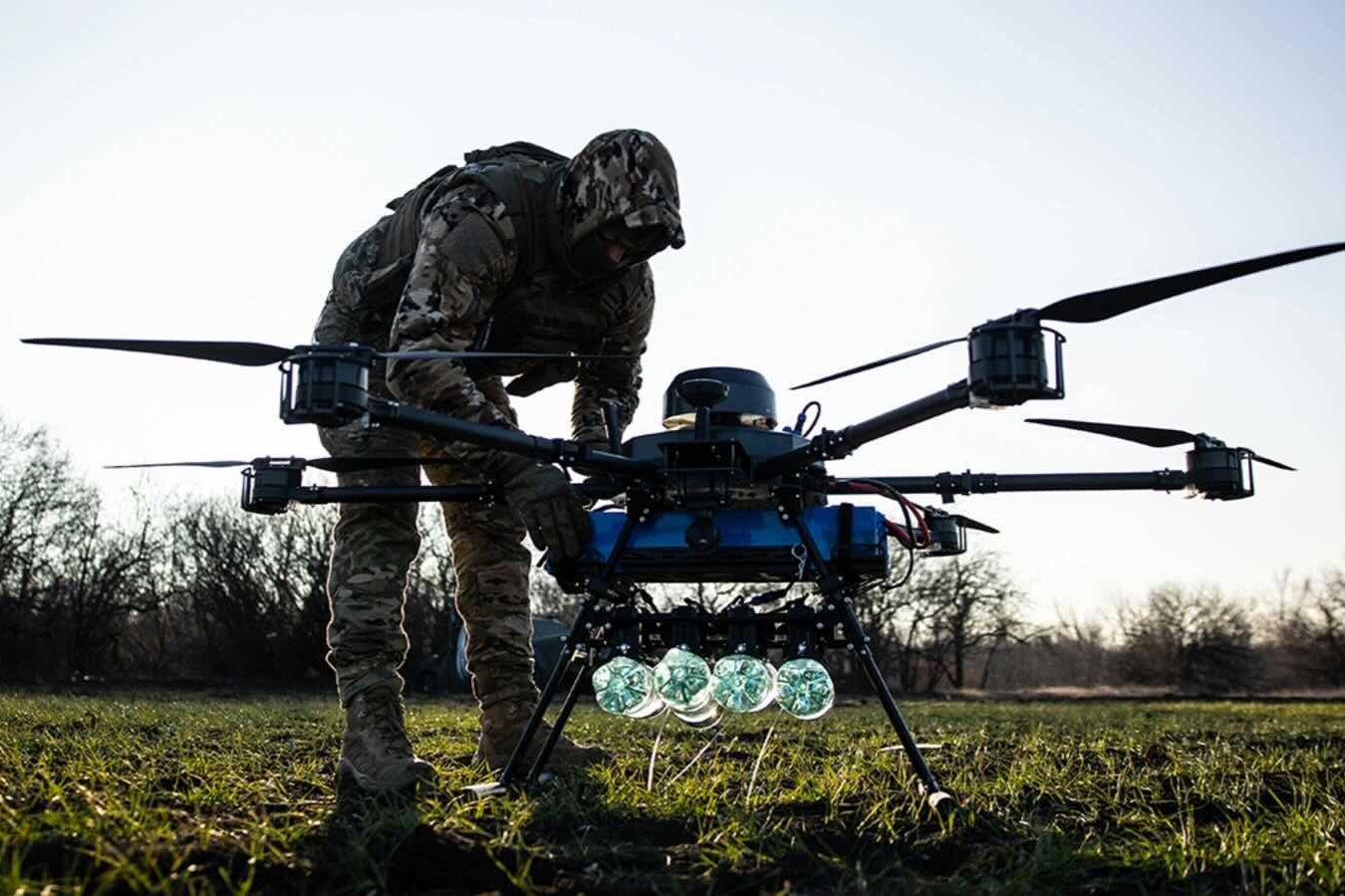 Ukrainian soldier prepares a drone for flight at a training area on February 8, 2025 in Donetsk Oblast, Ukraine.