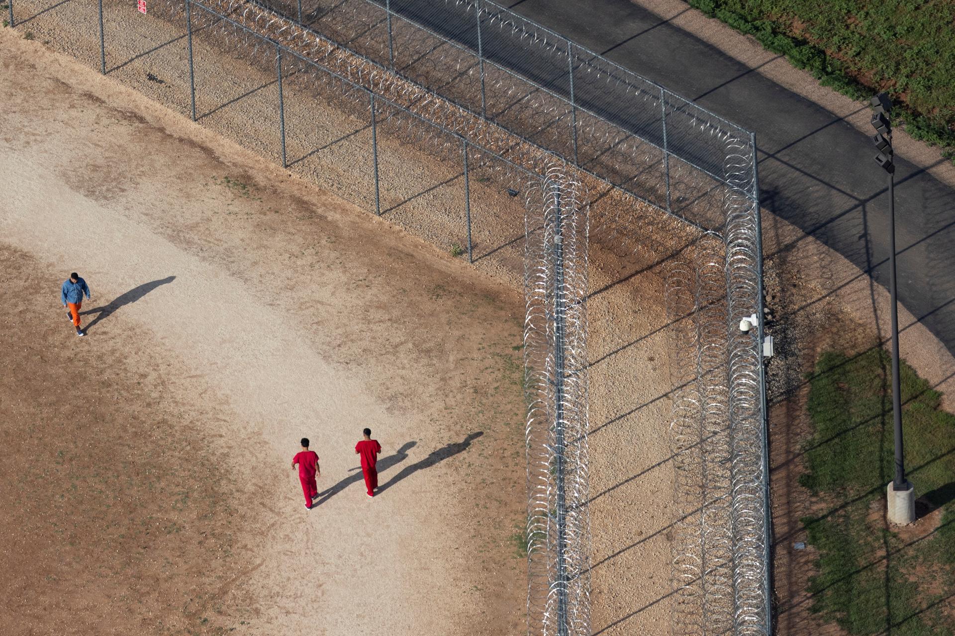 An aerial view shows detainees at the Bluebonnet Detention Facility, the facility where Venezuelans at the center of a U.S. Supreme Court ruling are held, in Anson, Texas, U.S., April 23, 2025.