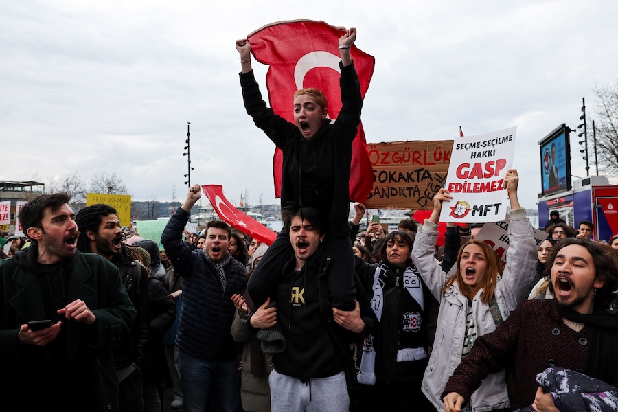 University students take part in a protest against the detention of Istanbul Mayor Ekrem Imamoglu, in Istanbul, Turkey, March 20, 2025. (Umit Bektas/Reuters)